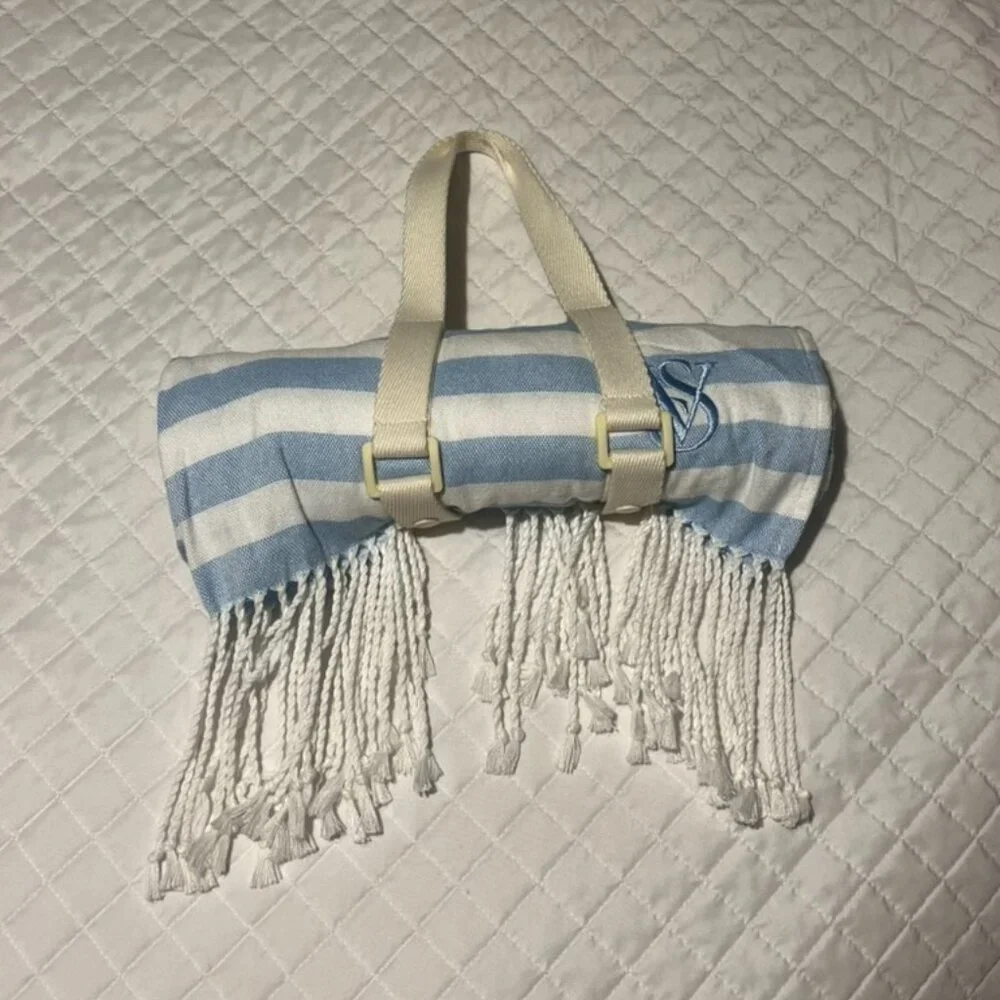 Victoria’s Secret Beach Towel Blanket | Blue & White Striped | With Carry Holder